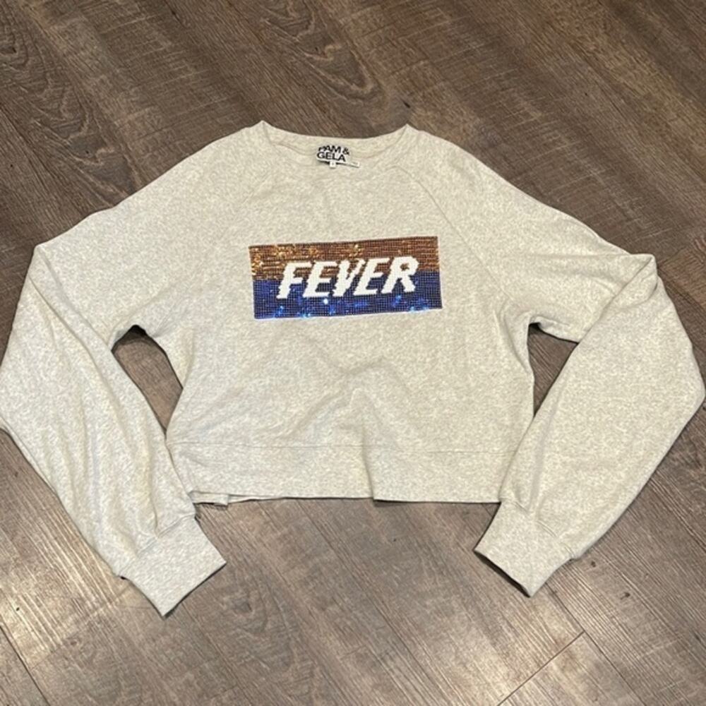 Pam & Gela Grey Sequin FEVER Crop Sweatshirt Raglan Pullover
Small
